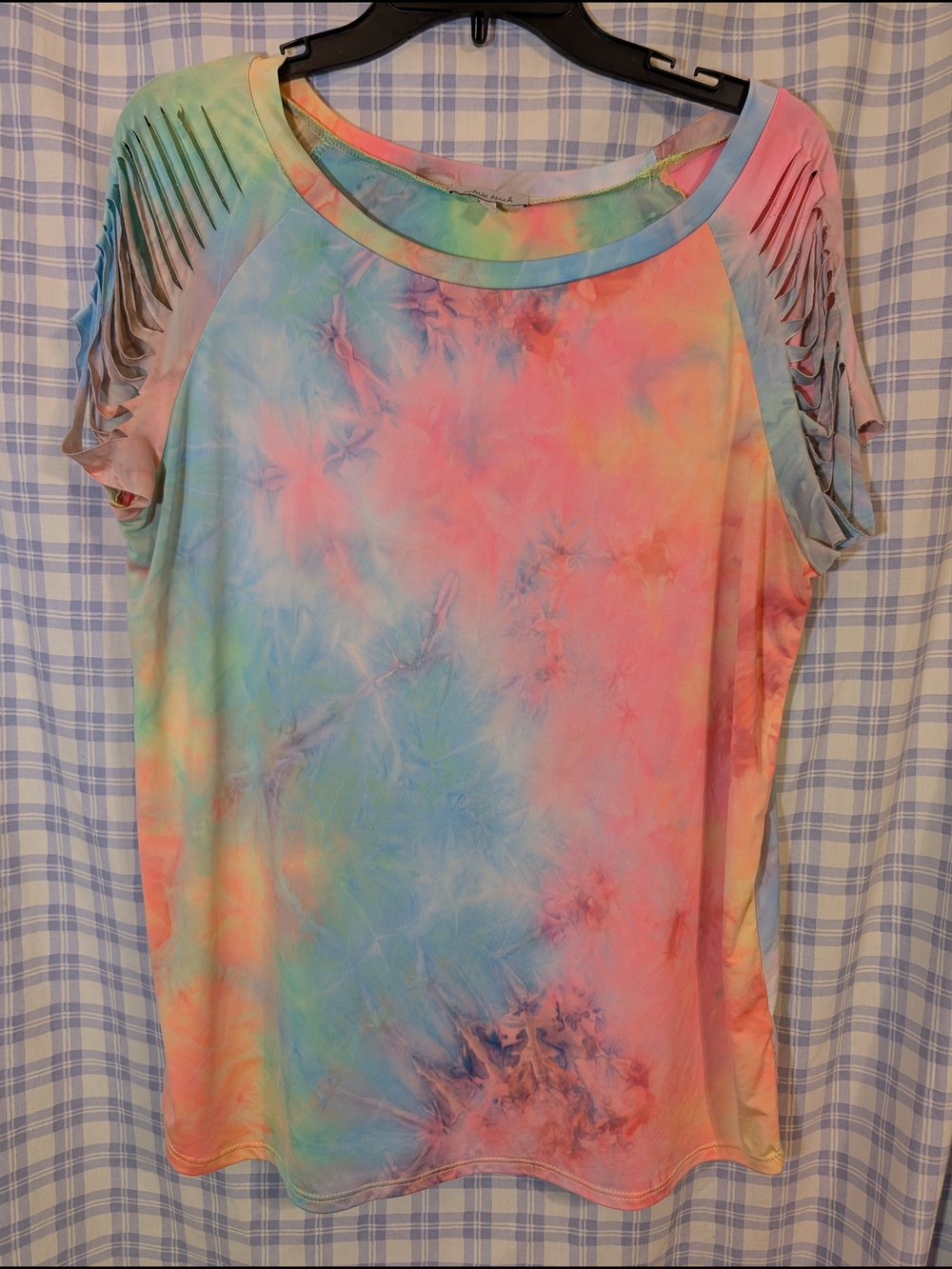 white birch Pastel Tie-Dye Short Sleeve Top with Slashed Sleeves